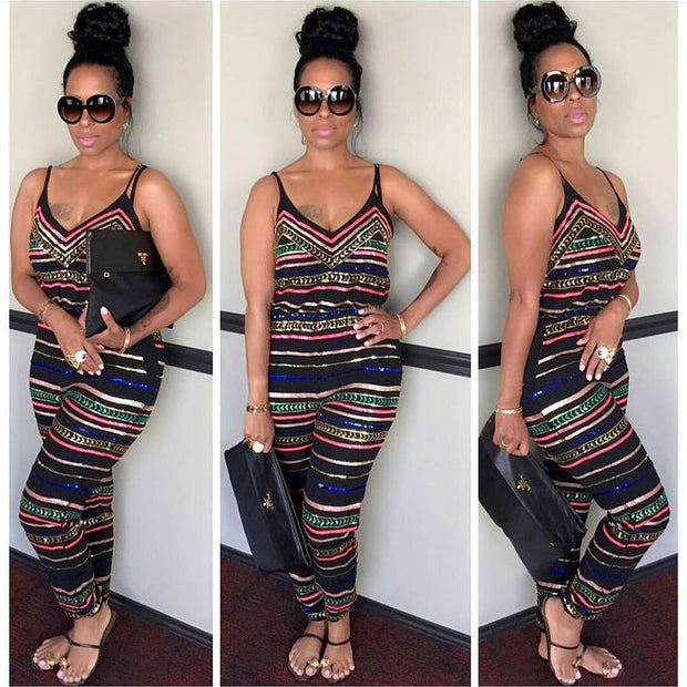 Stripe print sleeveless sexy halter jumpsuit