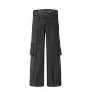 Retro Deconstructed Oblique Placket Wide-leg Workwear Jeans