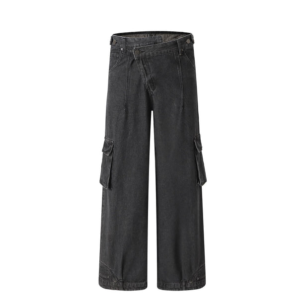 Retro Deconstructed Oblique Placket Wide-leg Workwear Jeans