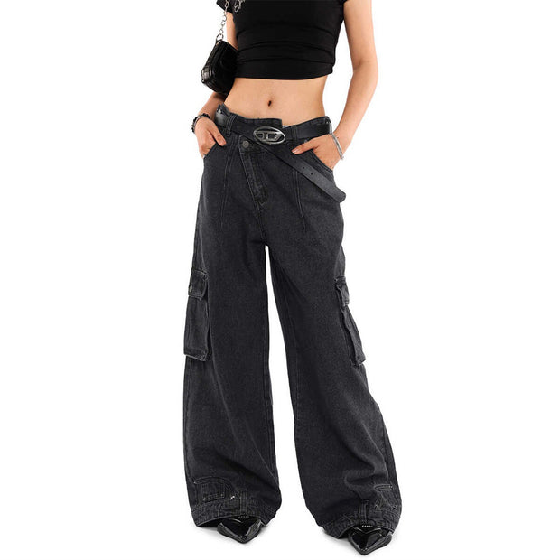 Retro Deconstructed Oblique Placket Wide-leg Workwear Jeans