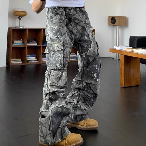Camouflage Raw Hem Jeans Men And Women Multi-pocket Workwear