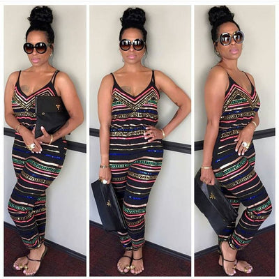 Stripe print sleeveless sexy halter jumpsuit