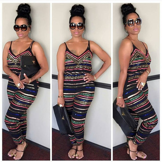 Stripe print sleeveless sexy halter jumpsuit
