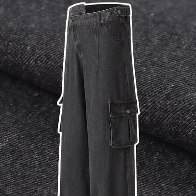 Retro Deconstructed Oblique Placket Wide-leg Workwear Jeans