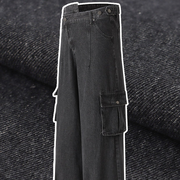 Retro Deconstructed Oblique Placket Wide-leg Workwear Jeans