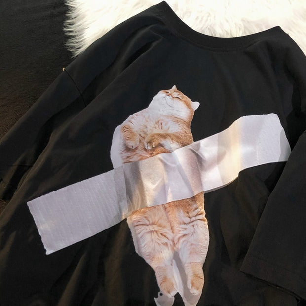 Loose Design American Retro Cat Short Sleeve T-shirt