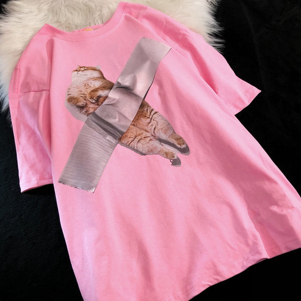 Loose Design American Retro Cat Short Sleeve T-shirt