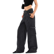 Retro Deconstructed Oblique Placket Wide-leg Workwear Jeans