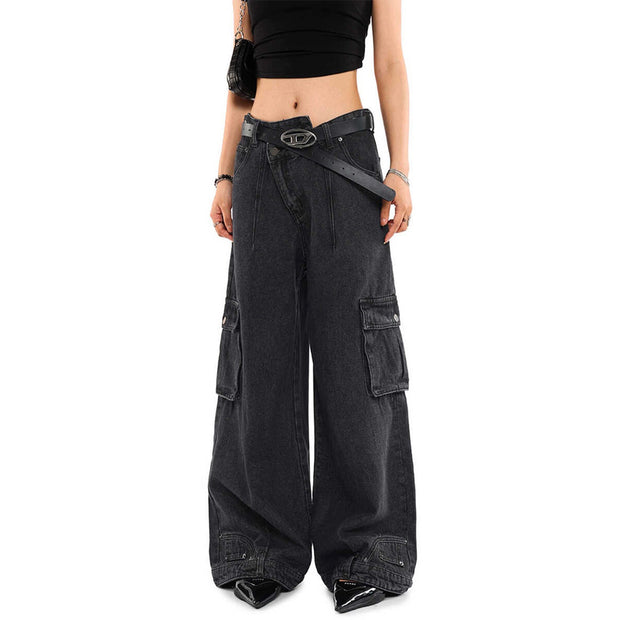 Retro Deconstructed Oblique Placket Wide-leg Workwear Jeans
