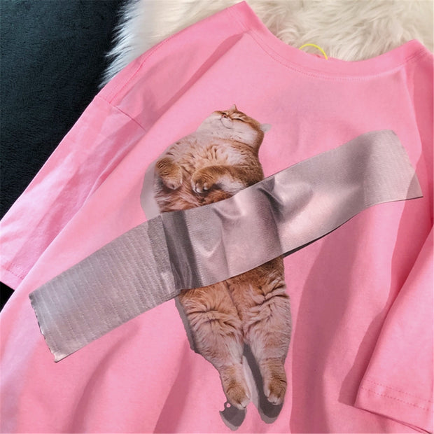 Loose Design American Retro Cat Short Sleeve T-shirt