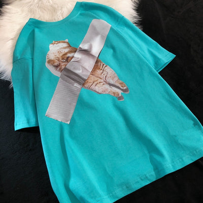 Loose Design American Retro Cat Short Sleeve T-shirt