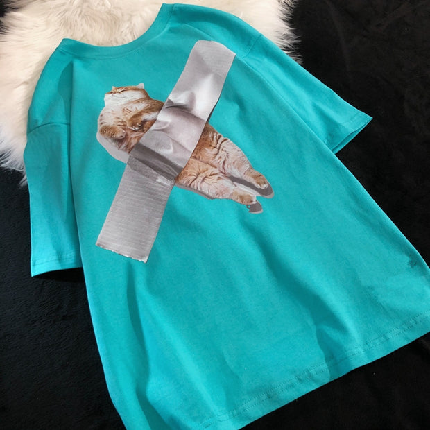 Loose Design American Retro Cat Short Sleeve T-shirt
