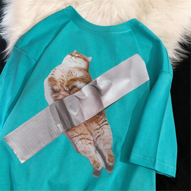 Loose Design American Retro Cat Short Sleeve T-shirt