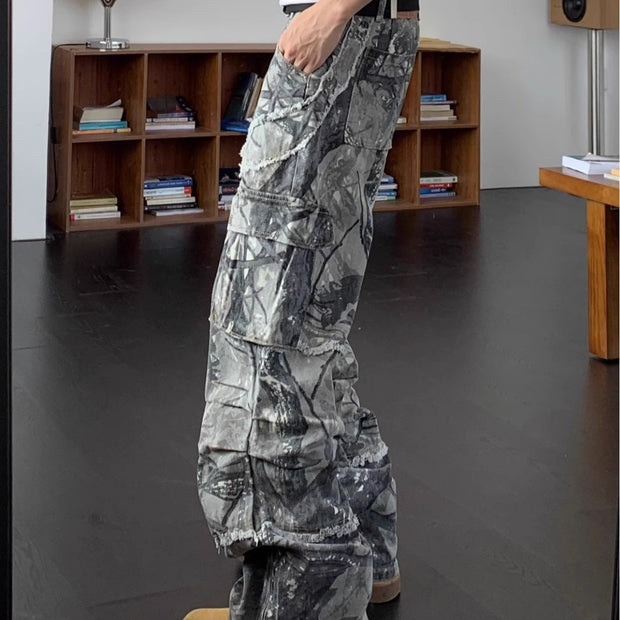 Camouflage Raw Hem Jeans Men And Women Multi-pocket Workwear