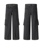 Retro Deconstructed Oblique Placket Wide-leg Workwear Jeans