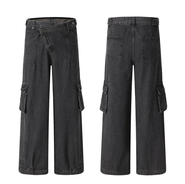 Retro Deconstructed Oblique Placket Wide-leg Workwear Jeans