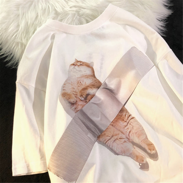 Loose Design American Retro Cat Short Sleeve T-shirt