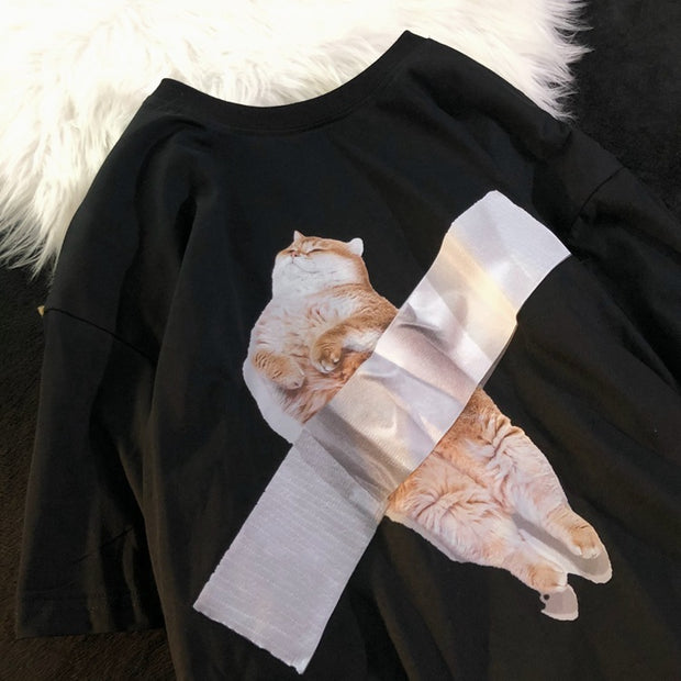 Loose Design American Retro Cat Short Sleeve T-shirt